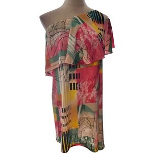 C Christian Los Angeles One Shoulder Multicolor Abstract Ruffle Dress